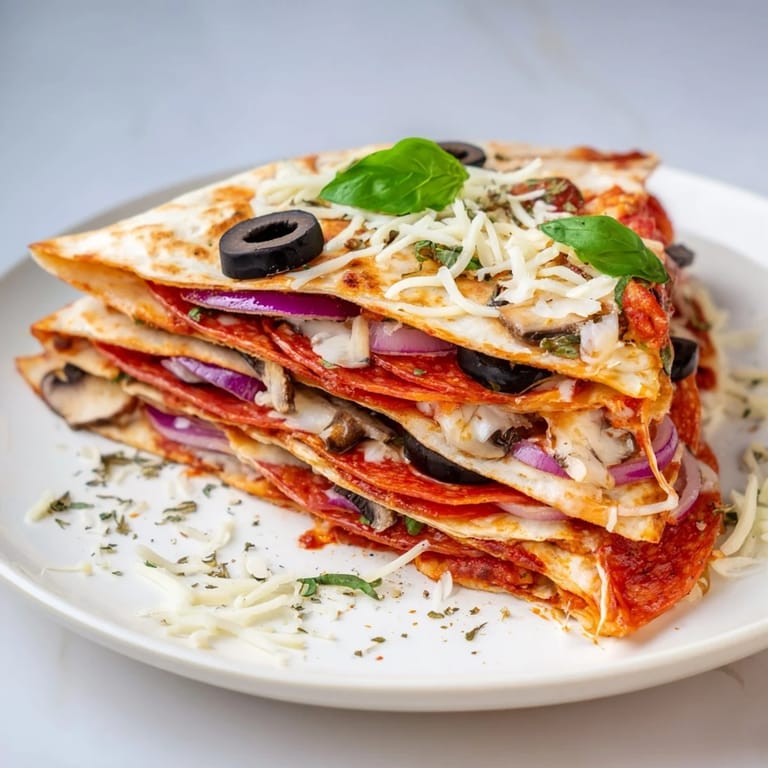 Perfectly folded cheesy tortilla pizza wrap showcasing melted mozzarella and pepperoni, a quick lunch.