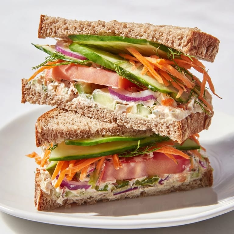 Close-up of a vibrant Crunchy Dill Pickle Sandwich, with crunchy pickles spilling out for a satisfying bite!