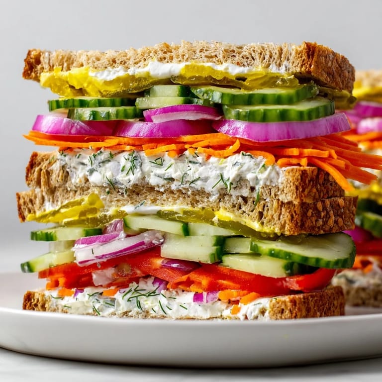 Delicious, layered Crunchy Dill Pickle Sandwich, ready to eat, served alongside a glass of lemonade.