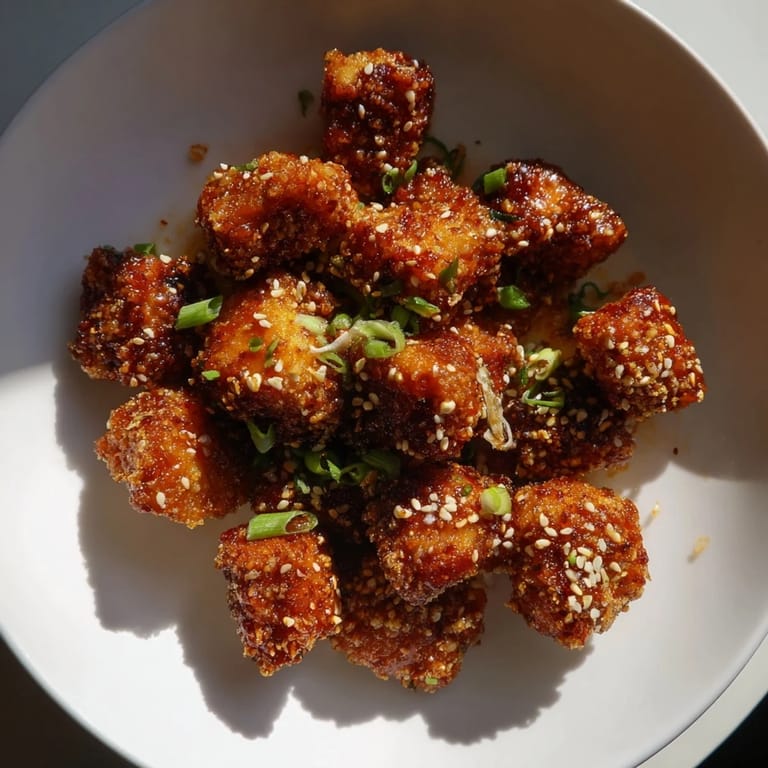 Image of flavorful Honey-Sriracha chicken bites, coated and fried with sesame seeds on top.