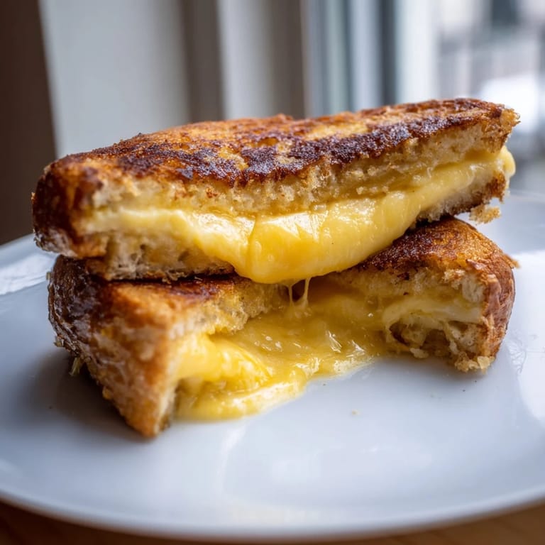 Crispy, golden-seared Custard French Toast Grilled Cheese, ready to be sliced and spectacularly served.