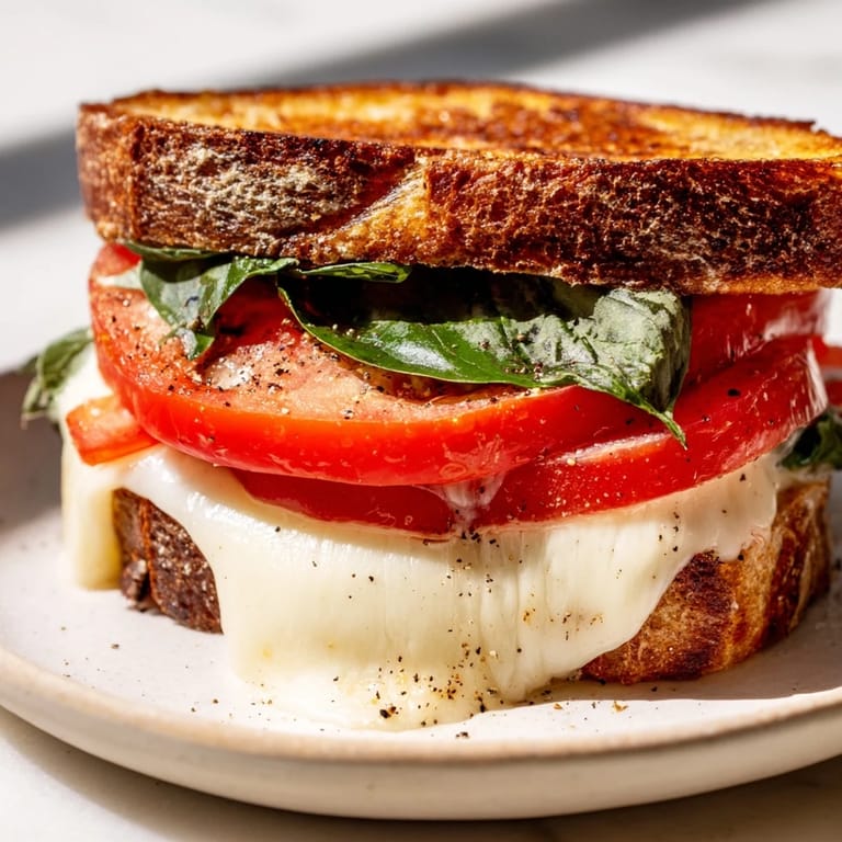 Warm, comforting tomato basil grilled cheese with fragrant basil, ideal for a quick lunch.