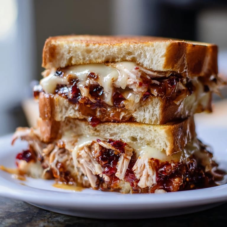 Close-up of a perfectly grilled Chili Crisp Honey Chicken Grilled Cheese, oozing cheese and delicious flavors.