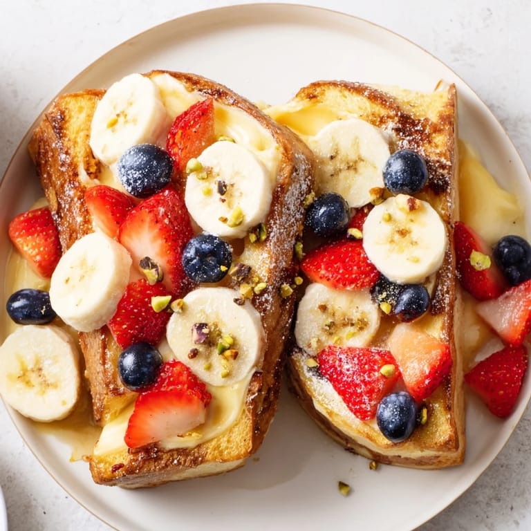 A close-up of baked yogurt toast, filled with creamy custard and vibrant fresh berries.