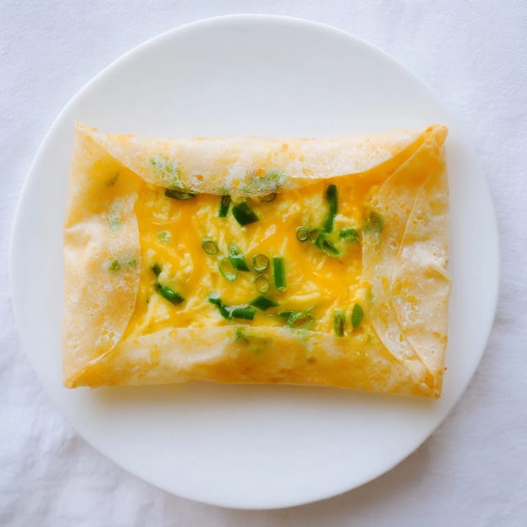 A close-up of a perfectly cooked rice paper egg & cheese fold, a quick snack idea loaded with flavor.