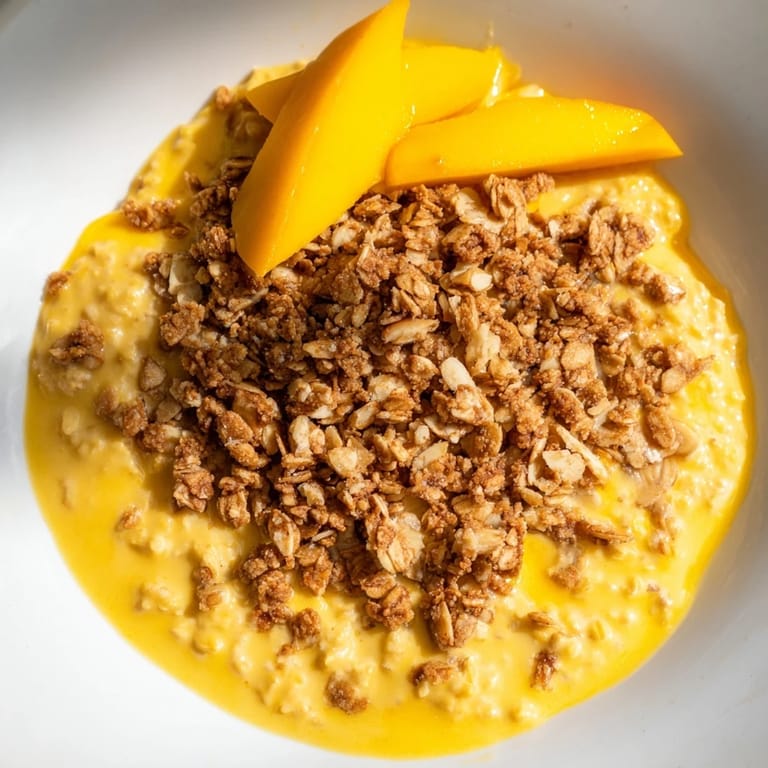 Smooth and sweet mango blended overnight oats with a sprinkle of crunchy granola, ready to eat this morning.