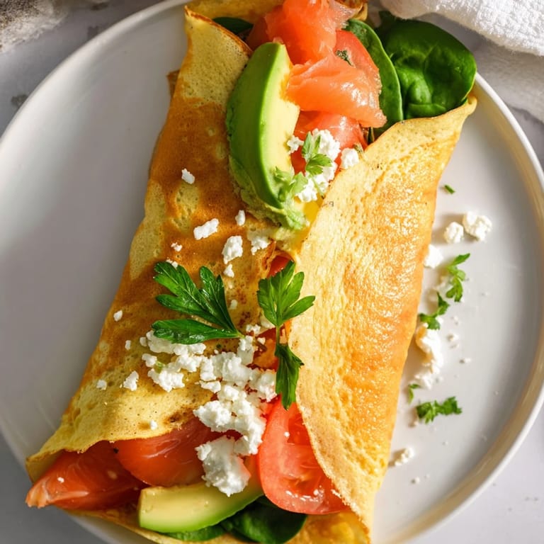 A beautifully cooked blender-egg crepe wrap with avocado, offering a simple and delicious low-carb meal.