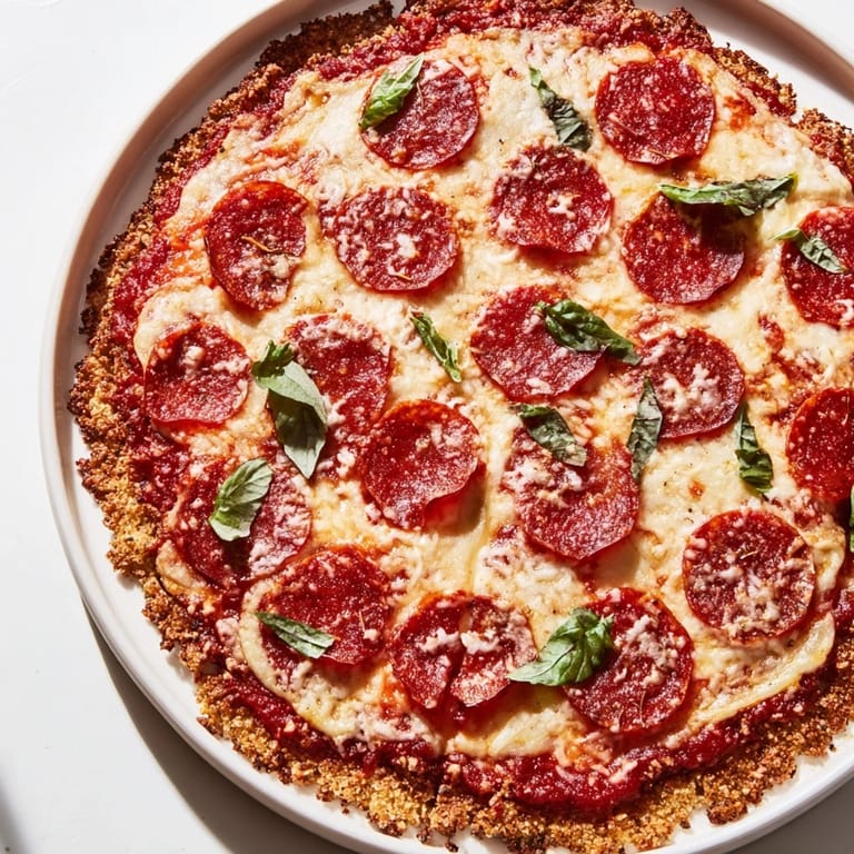 A close-up of a flavorful ground beef pizza base, showcasing perfectly baked, delicious ingredients.