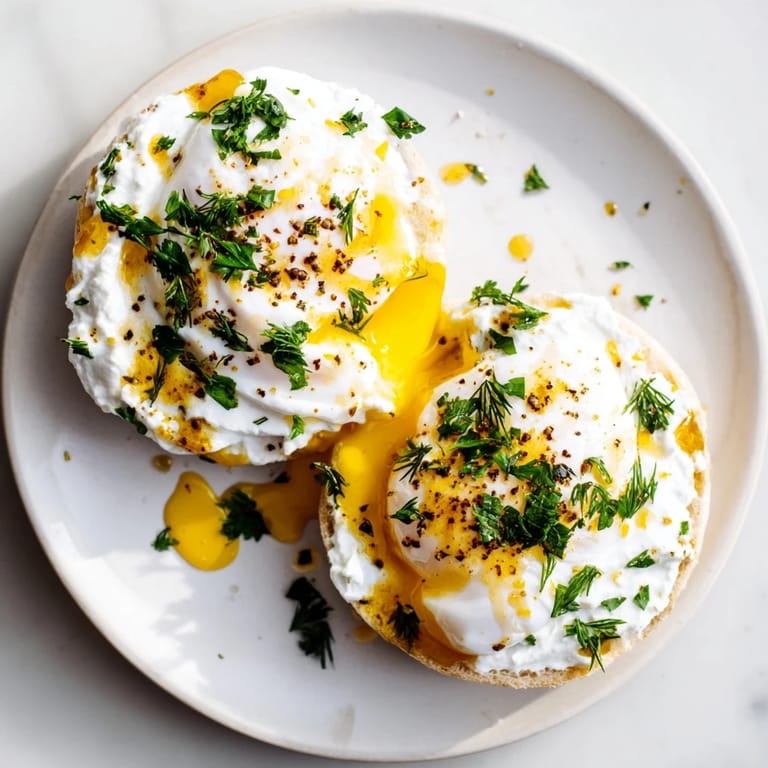 A close-up of vibrant Çılbır Eggs Benedict showcasing soft yolks, herbs, and toasted English muffins.