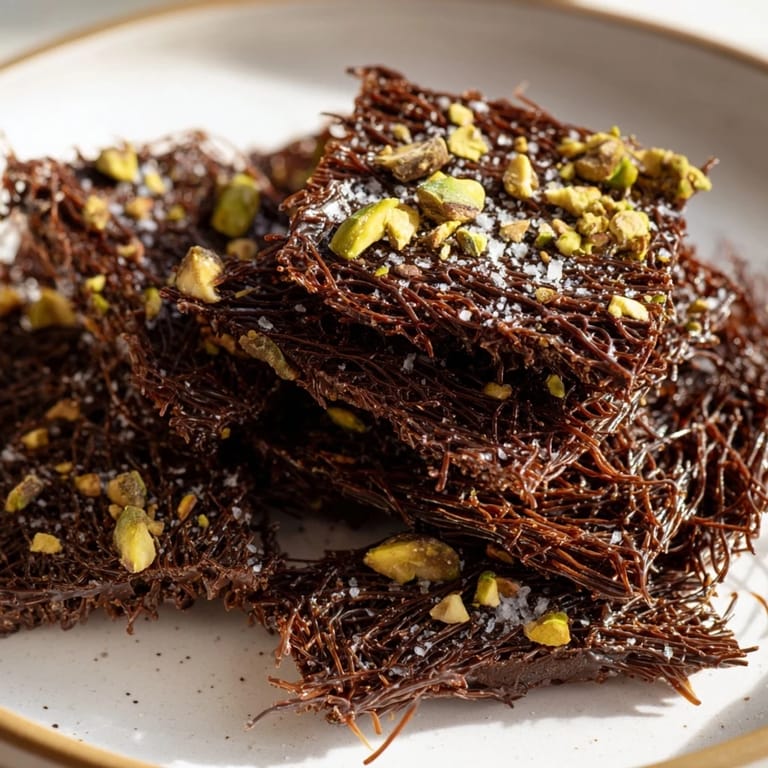 Irresistible closeup showcases Kataifi Chocolate Crunch Bark, offering a delightful mix of sweet, salty textures.