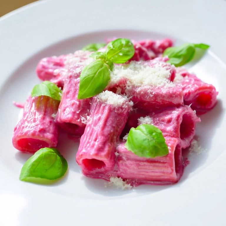 Delicious bowl of Pink Pasta with Beet Cream, a vegetarian meal with a bright beetroot sauce and Parmesan topping.
