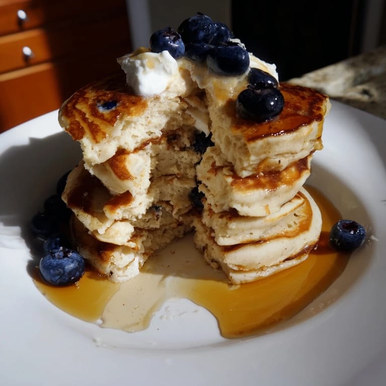 Deliciously thick and airy cottage cheese pancakes, showcasing a light and tender texture ready to devour.