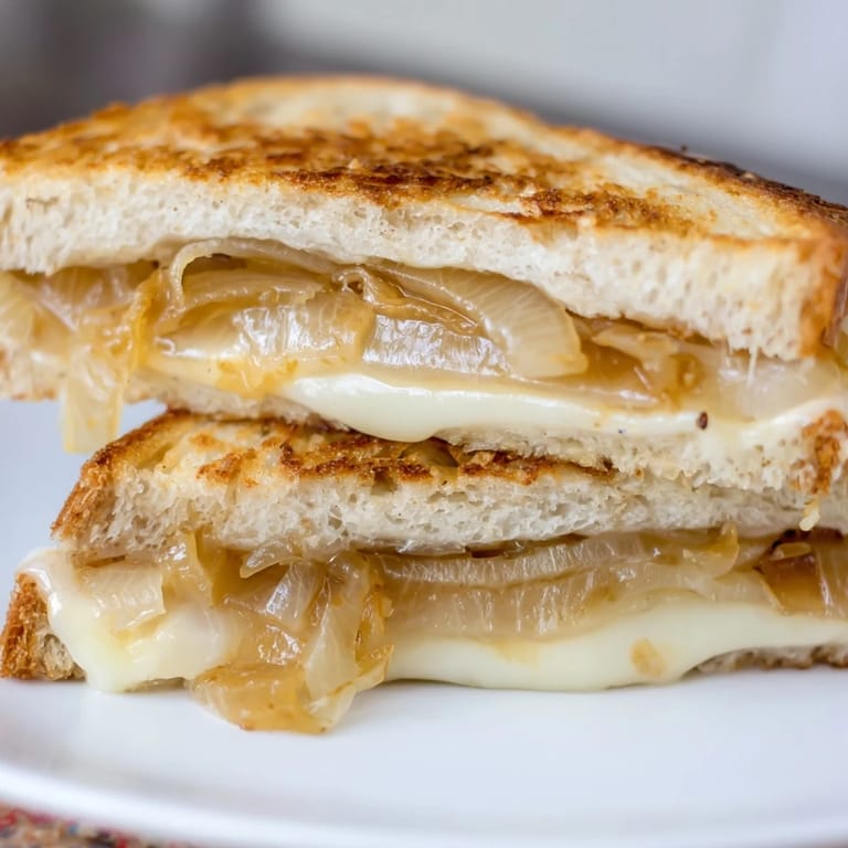 Served hot and sliced, the caramelized onion grilled cheese reveals layers of gooey cheese and deeply caramelized onions.