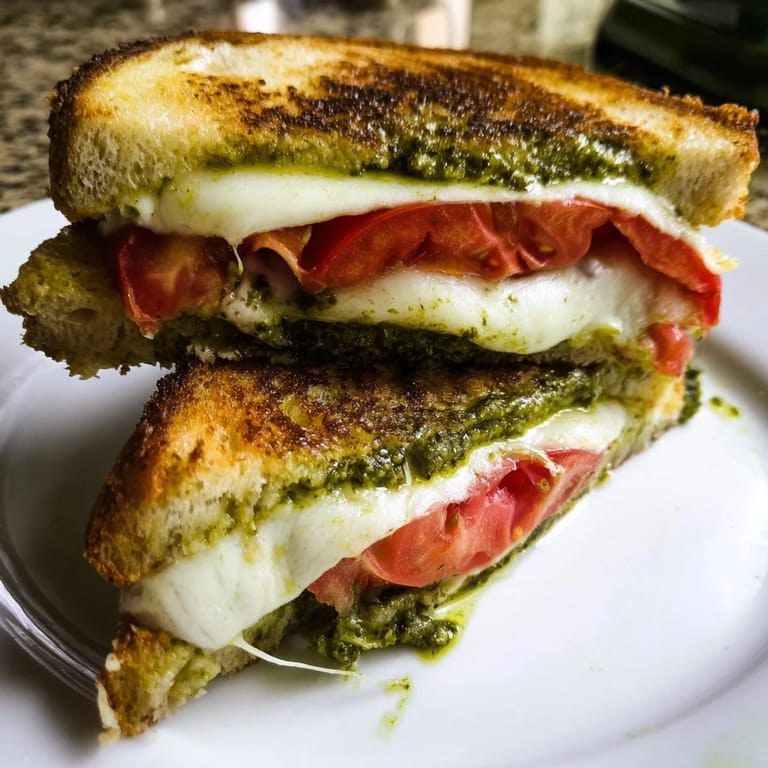 A vibrant Caprese Pesto Grilled Cheese sandwich, sliced to reveal layers of fresh tomato and melted mozzarella, ready to be enjoyed warm.