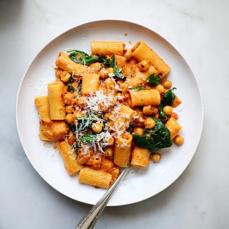 Hearty Creamy Tuscan Chickpea Pasta in a white skillet, ready to serve with a sprinkle of Parmesan and a side of crusty bread.
