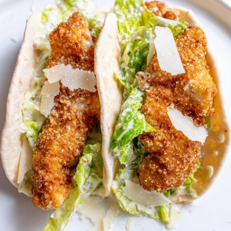 Crispy Chicken Caesar Pita filled with crunchy lettuce, creamy dressing, and parmesan cheese.