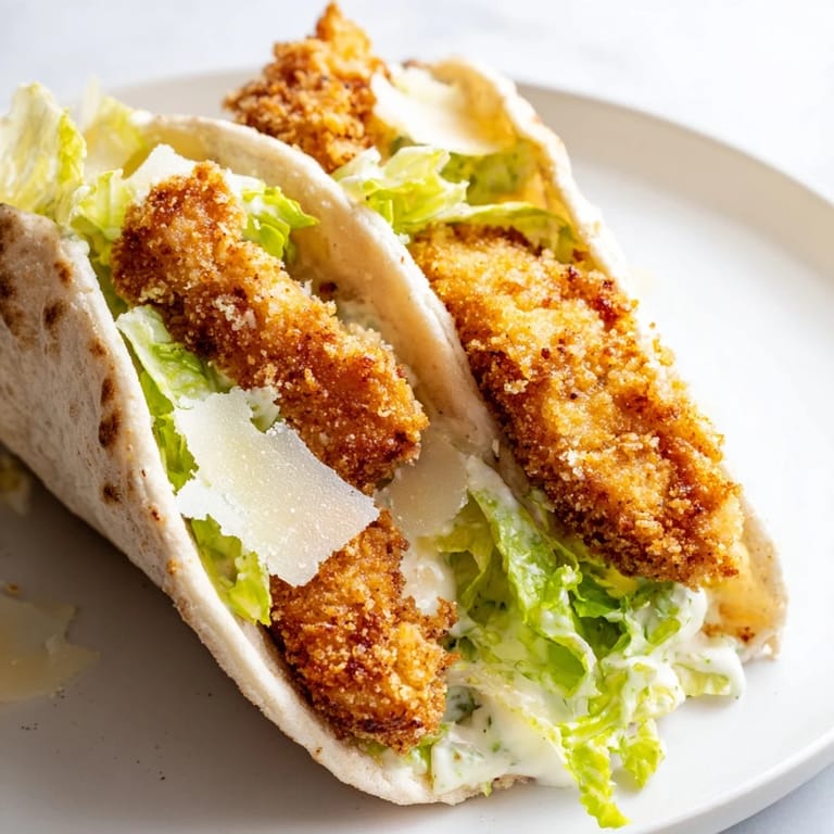 Homemade Crispy Chicken Caesar Pita on a plate, ready to enjoy with lemon wedges.