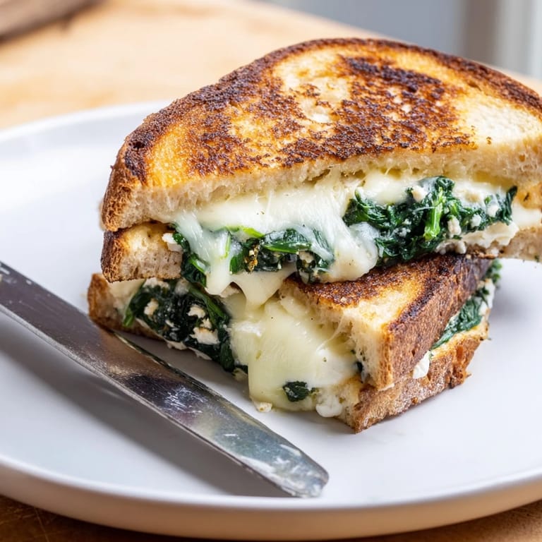 Sliced Feta & Spinach Stuffed Grilled Cheese on a rustic wooden board, served beside a creamy bowl of tomato soup for dipping.