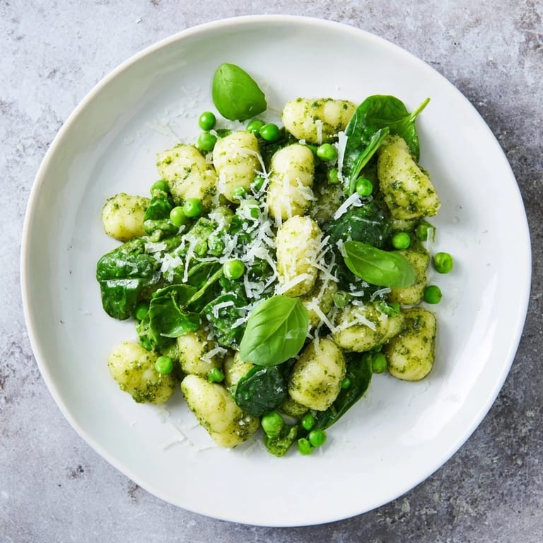 Shelf-stable gnocchi pan-fried until crisp with peas and spinach, ready for a quick dinner.