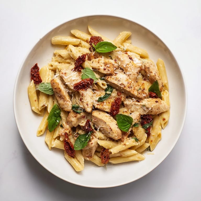 Golden chicken and sun-dried tomatoes tossed in a luscious cream sauce with penne, garnished with fresh herbs for an easy family meal.