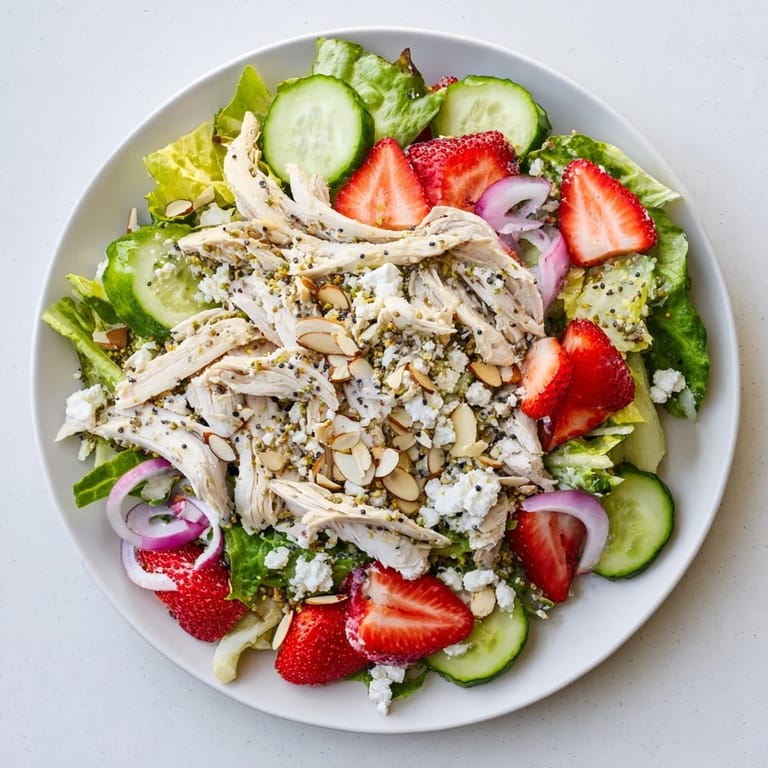 Vibrant red strawberries and cucumbers mingle with tender chicken, almonds, and feta over mixed greens in a fresh Strawberry Poppy Seed Chicken Salad.  