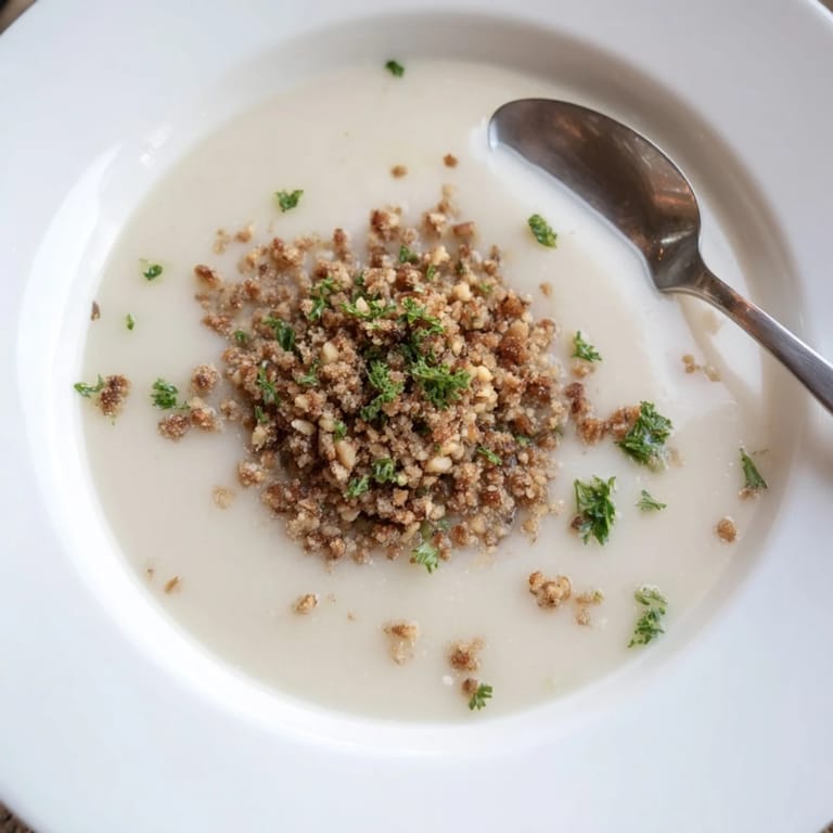 Silky smooth celeriac soup in a white ceramic bowl, finished with a rustic hazelnut crumble for added texture.