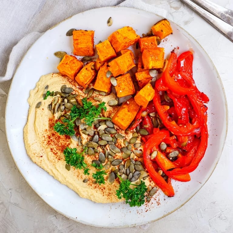 A colorful Roast Squash and Hummus Winter Salad with tender vegetables and crunchy toppings on a vibrant plate.  