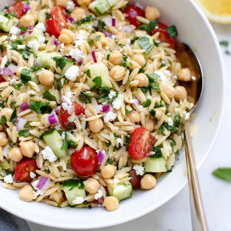 A fresh bowl of Lemony Chickpea Orzo Salad topped with crumbled feta, ready for a summer picnic or light lunch.