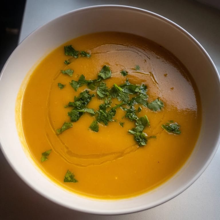Roasted butternut squash and lentil soup simmering in a pot, featuring carrots, onions, and warming spices for a hearty vegan meal.