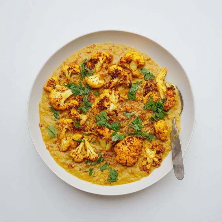 Hearty vegan dhal with aromatic spices, served alongside roasted cauliflower and fresh cilantro, ready to enjoy with rice or naan.