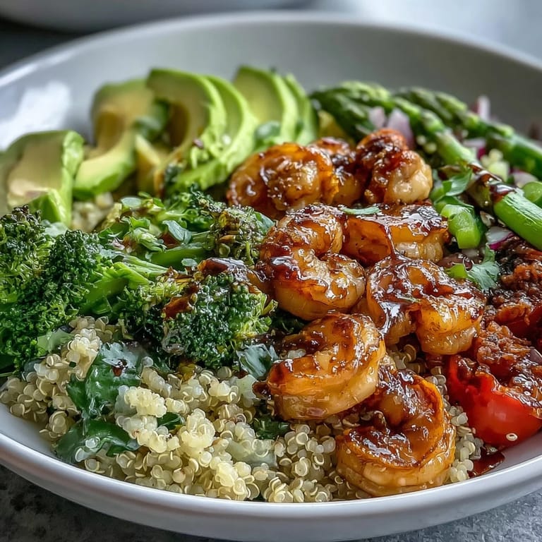 Shrimp and Quinoa Buddha Bowl, bursting with crisp veggies and tangy balsamic dressing.