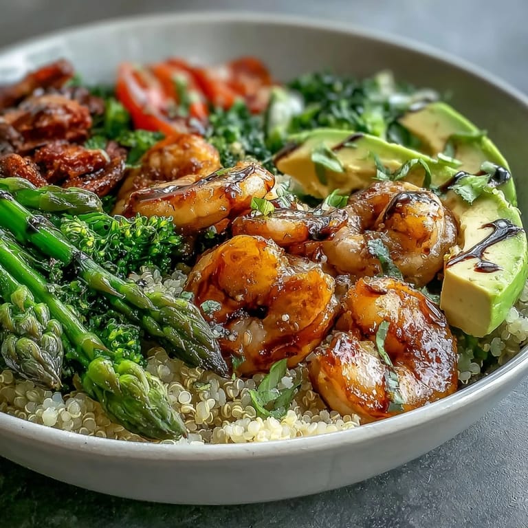 Easy Detox Buddha Bowl, featuring colorful vegetables, plump shrimp, and fluffy quinoa.