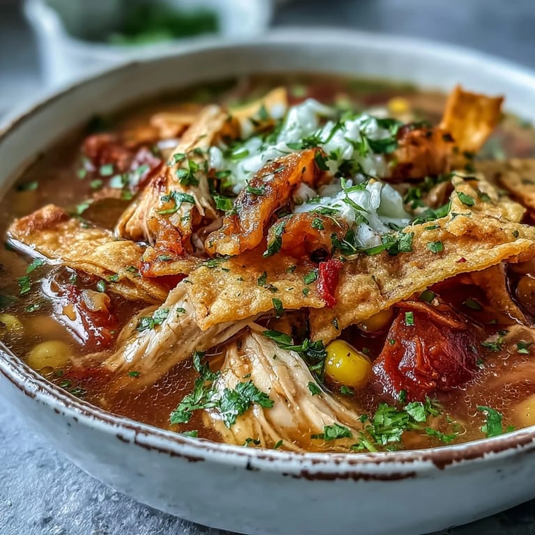 A ladle pours Best Chicken Tortilla Soup, revealing tender chicken, sweet corn, and zesty lime.