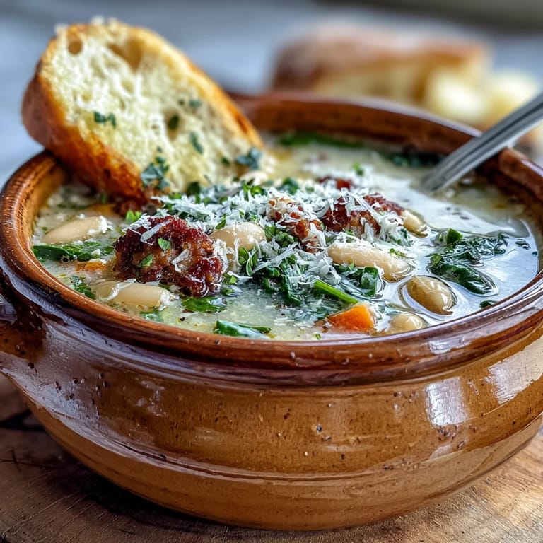 Close-up of Creamy Tuscan White Bean Soup with Sausage and spinach, rich creamy broth and crusty bread beside it.