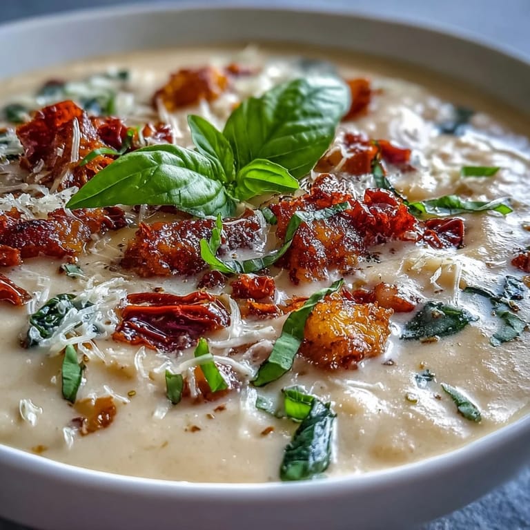 Creamy Tuscan White Bean Soup topped with Parmesan and herbs, ready to serve with crusty bread alongside.