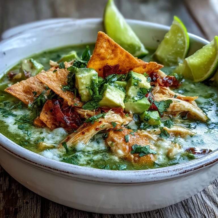 A close-up of Tex-Mex Creamy Chicken Tortilla Soup, garnished with lime wedges and fresh cilantro for a vibrant finish.