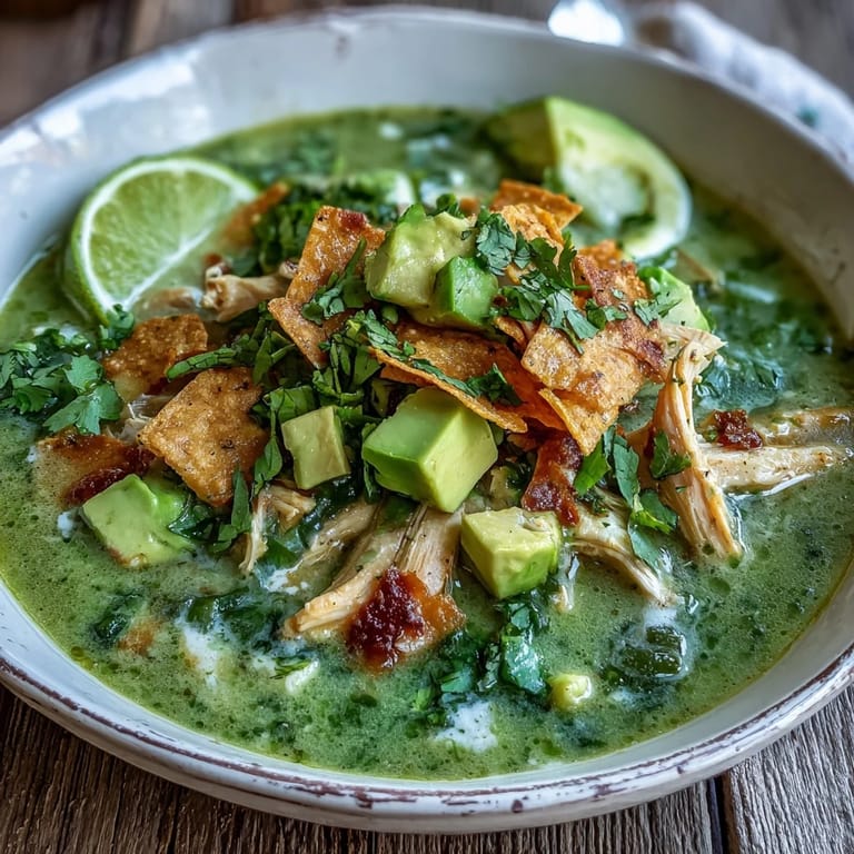 Spoon dipping into rich Creamy Chicken Tortilla Soup with shredded chicken and creamy cheese swirl, served in a cozy kitchen.