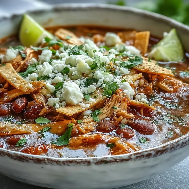 Steaming bowl of Chicken Tortilla Soup with red bell peppers and jalapeños, finished with a dollop of sour cream and chopped cilantro.