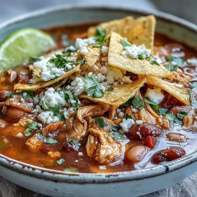 Homemade Chicken Tortilla Soup featuring tender shredded chicken, pinto beans, and corn, garnished with creamy avocado slices and fresh lime wedges.
