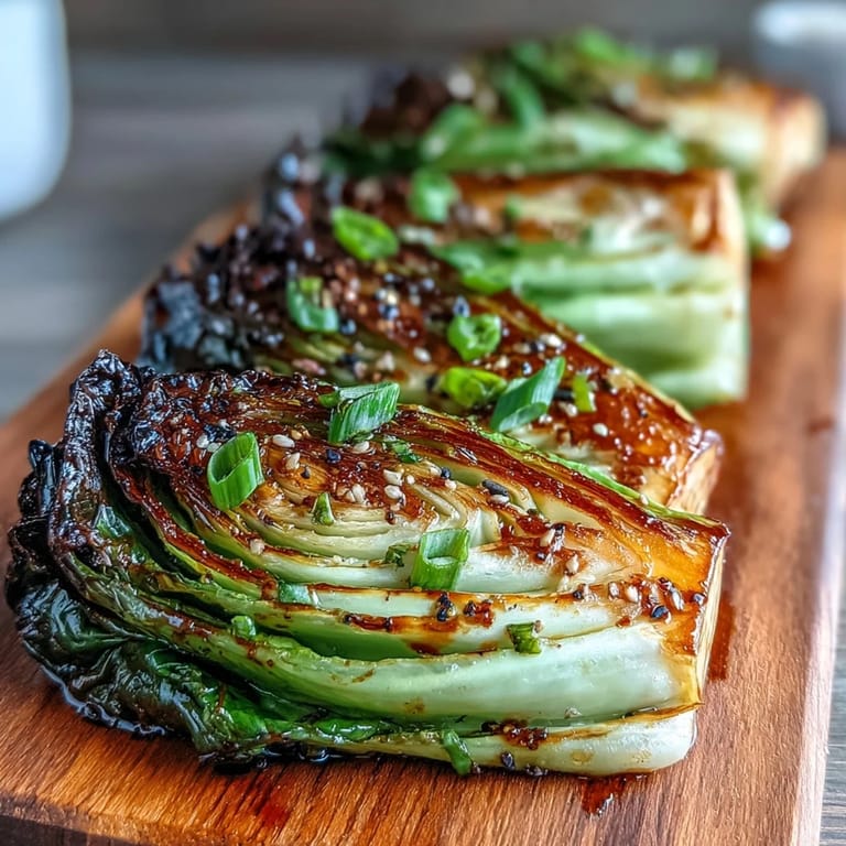 Caramelized Miso Butter Roasted Cabbage Wedges topped with toasted sesame seeds and scallions on a platter.