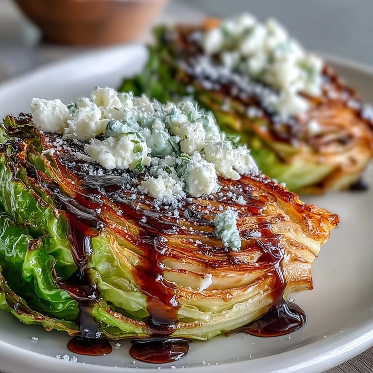 Freshly roasted Crispy Cabbage Steaks With Feta and Balsamic drizzled with glaze.