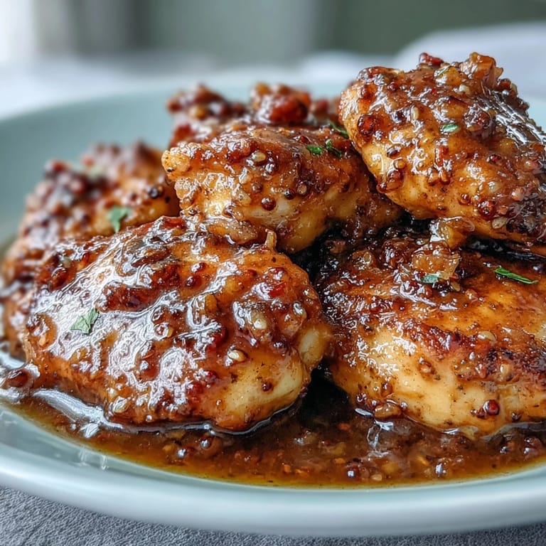 Juicy Slow Cooker Honey Mustard Chicken plated with mashed potatoes and a drizzle of extra sauce, garnished with herbs.