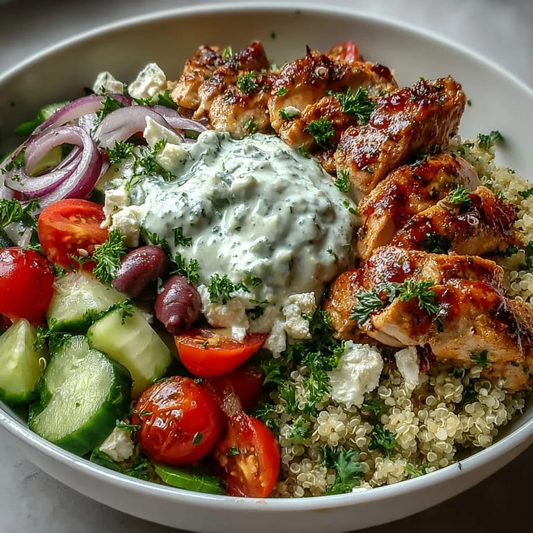 Spoonfuls of cool tzatziki over warm quinoa and tender marinated chicken, with crisp veggies in a bright Mediterranean-style bowl.