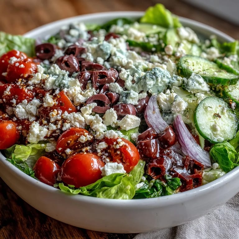 Colorful Greek Salad Bowl featuring crunchy cucumbers, tangy red onion, and feta, ready to serve with a classic vinaigrette.