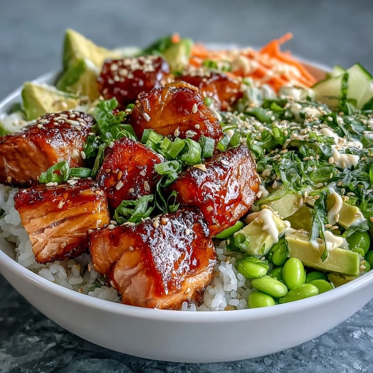 A close-up view of a healthy Baked Salmon Rice Bowl drizzled with sriracha mayo and sprinkled with toasted sesame seeds for flavor.