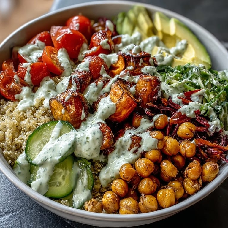 Colorful vegan Buddha Bowl with fluffy quinoa, crispy chickpeas, avocado, and red cabbage, drizzled with garlic tahini dressing.