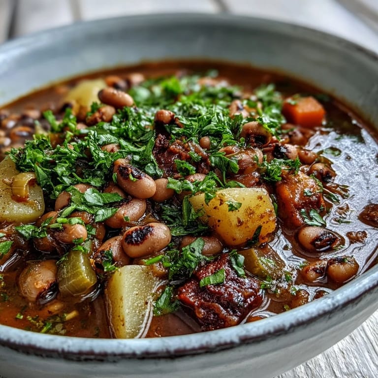 Close-up of a ladle serving Black-Eyed Pea Stew with Chefs Touch, showcasing the rich, comforting texture.
