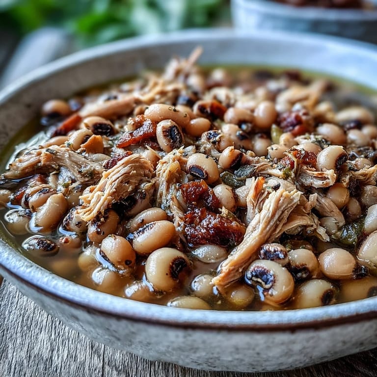 Hearty Southern black-eyed peas with tender shredded turkey are served in a rustic bowl beside golden cornbread.