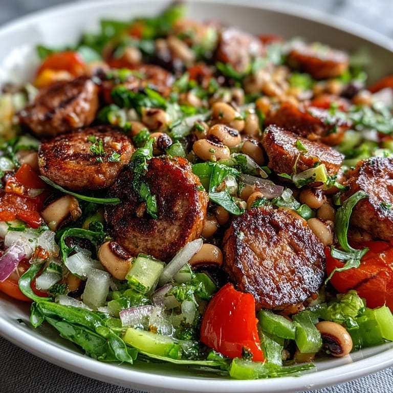 Creamy mustard tarragon dressing coats Hoppin John Style Black-Eyed Pea Salad with turkey sausage and crunchy red bell pepper.