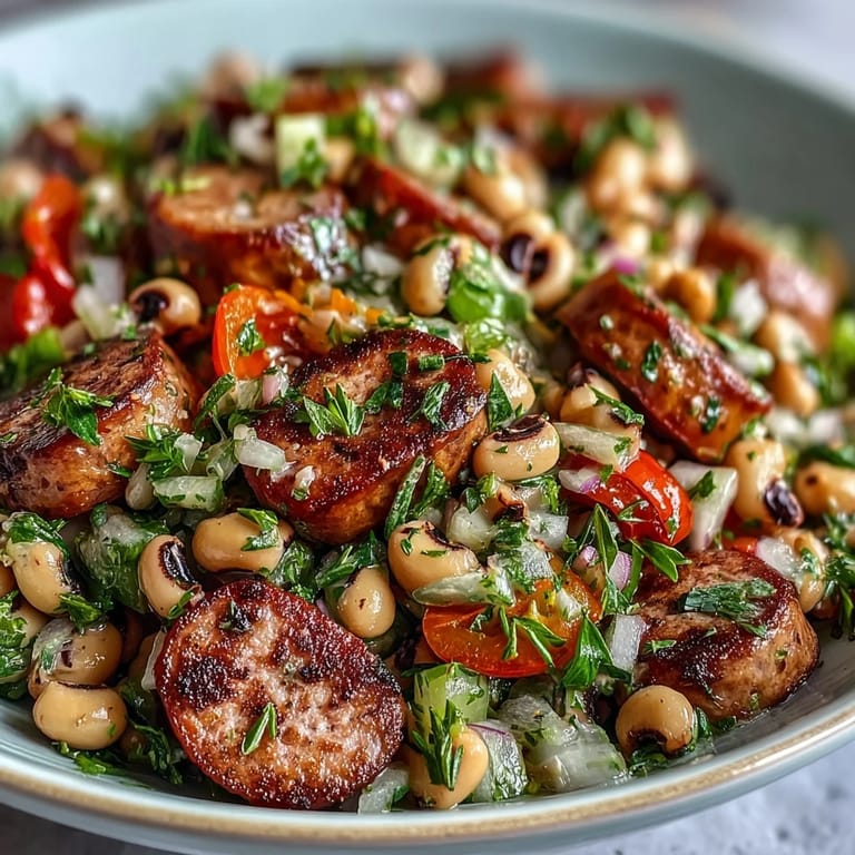 Plated Hoppin John Style Black-Eyed Pea Salad with turkey sausage, cherry tomatoes, and mustard dressing on a bed of greens.